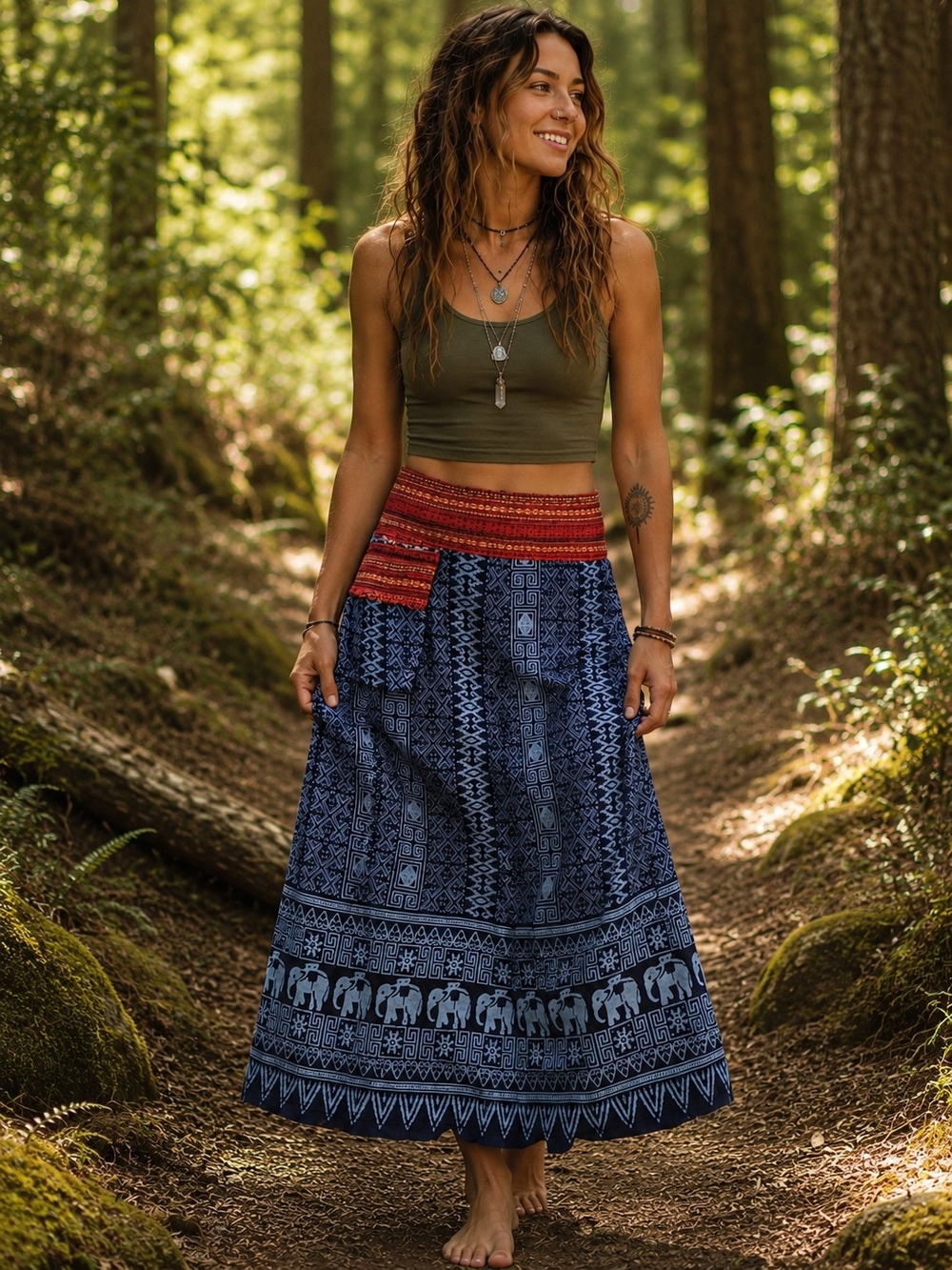 Handmade Woven Boho Elephant Print Maxi Skirt in Navy and Red